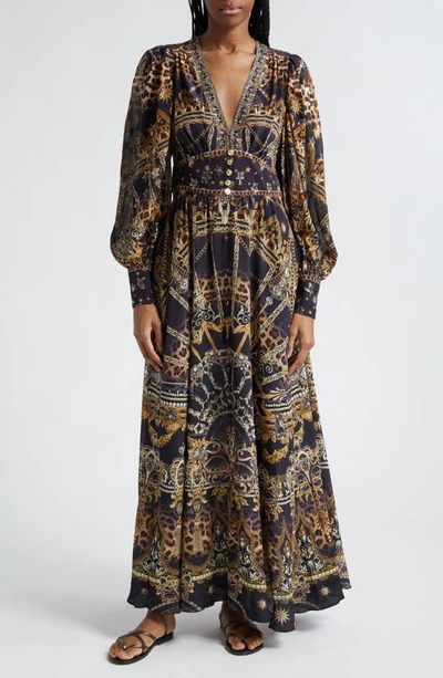 Camilla Masked At Moonlight Long Sleeve Silk Crepe Maxi Dress In Masked Moonlight