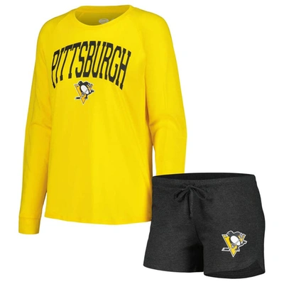 Concepts Sport Black/gold Pittsburgh Penguins Meter Knit Long Sleeve Raglan Top & Shorts Sleep Set