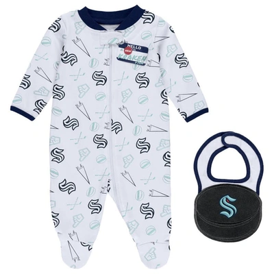 Wear By Erin Andrews Babies' Newborn & Infant  White Seattle Kraken Sleep & Play Full-zip Footed Jumper With In Navy