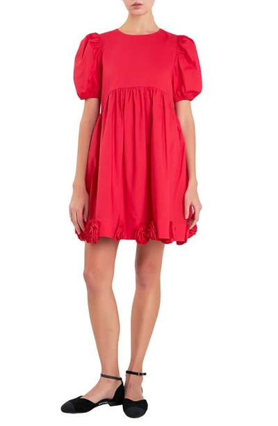 English Factory Corsage Puff Sleeve Babydoll Minidress In Red