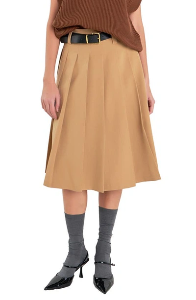 English Factory Pleated Midi Skirt In Tan