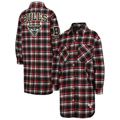 Pro Standard Women's  Red, Black Chicago Bulls Prep Plaid Button-up Shacket In Red,black