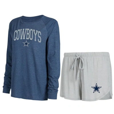 Concepts Sport Women's  Gray, Navy Dallas Cowboys Raglan Long Sleeve T-shirt And Shorts Lounge Set In Gray,navy