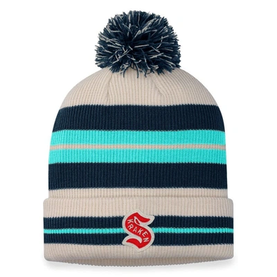 Fanatics Branded Seattle Kraken Cream/navy 2024 Nhl Winter Classic Cuffed Knit Hat With Pom