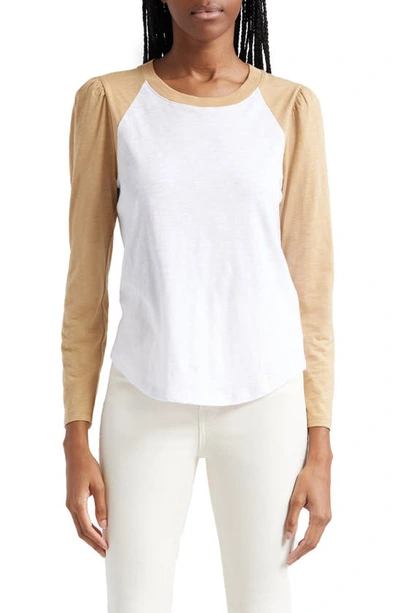 Veronica Beard Mason Colourblock Long Sleeve Cotton Baseball T-shirt In White/khaki