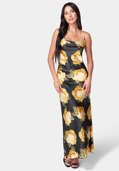 Bebe Floral Cowl Neck Maxi Dress In Black,gold