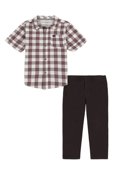 Calvin Klein Kids' Cotton Button-up Shirt & Pull-on Pants Set In Brown/ Black