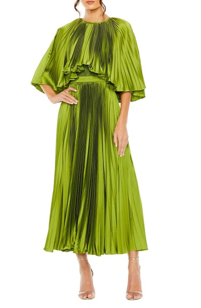 Mac Duggal Pleated Capelet Satin Cocktail Dress In Apple Green