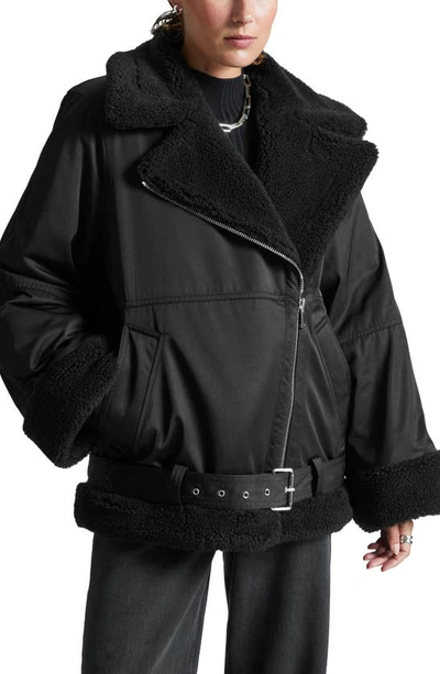 & Other Stories Aviator Jacket In Black W. White Pile Details