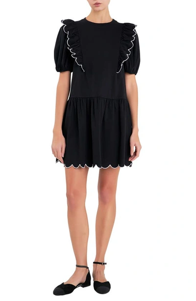 English Factory Scallop Edge Ruffle Knit Minidress In Black/ White