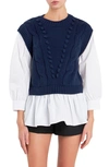 English Factory Mixed Media Cable Stitch Sweater In Navy/white