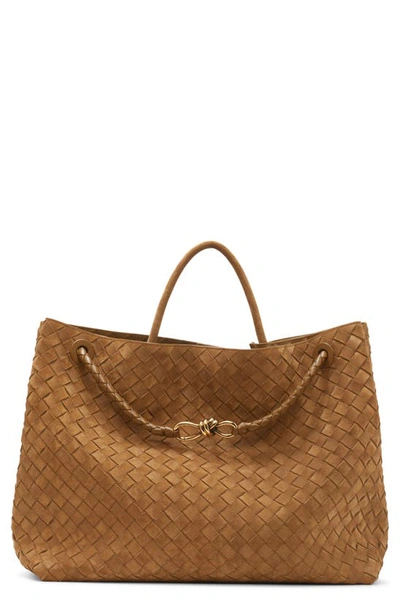 Bottega Veneta Large Andiamo Intrecciato Suede Tote In Acorn/ Brass