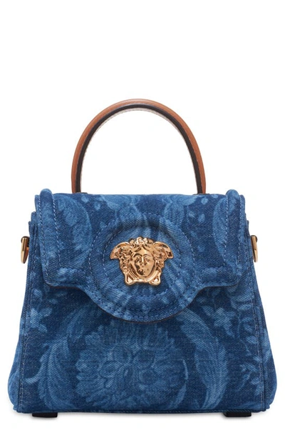 Versace La Medusa Barocco Denim Top Handle Bag In Blue/ Camel/  Gold