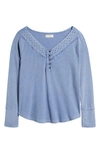 Lucky Brand Lace Detail Cotton Rib Henley Top In Tempest