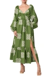 Ciebon Serbita Medallion Embroidery Long Sleeve Cotton & Linen Midi Dress In Green