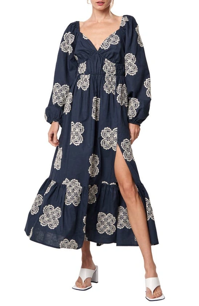 Ciebon Serbita Medallion Embroidery Long Sleeve Cotton & Linen Midi Dress In Navy