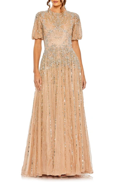 Mac Duggal Embellished Puff Sleeve A-line Gown In Taupe