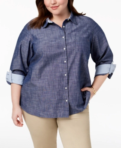 Tommy Hilfiger Plus Size Cotton Chambray Roll-sleeve Shirt, Created For Macy's