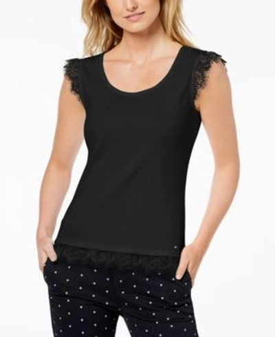 Tommy Hilfiger Cotton Lace-trim Tank Top, Created For Macy's In Black