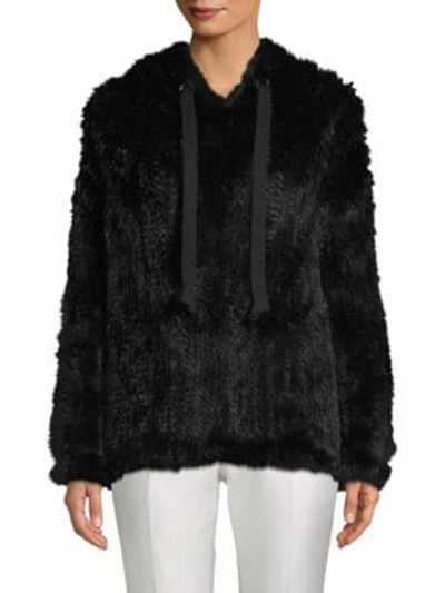 Adrienne Landau Knit Rabbit Fur Hoodie In Black