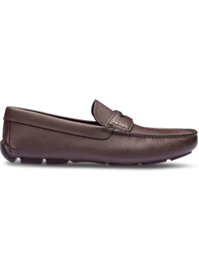 Prada Leather Logo Plaque Loafers In Brown