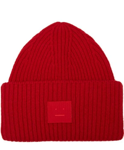 Acne Studios Pansy S Face Wool Beanie Hat In Red
