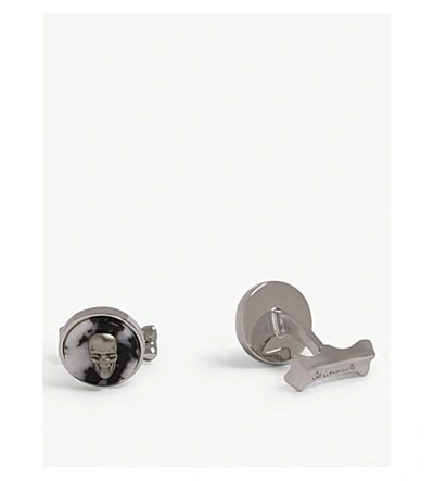 Alexander Mcqueen Marbled Enamel Skull Cufflinks In Marble / Silver