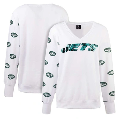 Cuce White New York Jets Sequin Fleece V-neck T-shirt