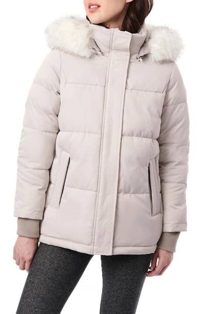 Bernardo Hooded Puffer Coat With Faux Fur Trim In Pearl Grey