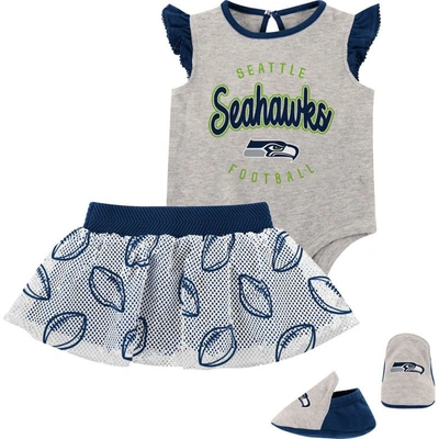 Outerstuff Babies' Girls Infant Heather Gray/navy Seattle Seahawks All Dolled Up Three-piece Bodysuit, Skirt & Booties