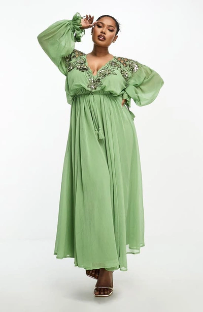 Asos Design Floral & Lattice Detail Tie Waist Maxi Dress In Dark Green