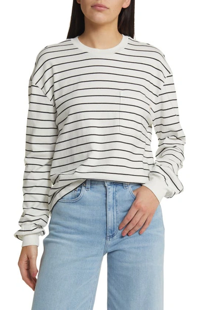 Brixton Carefree Stripe Long Sleeve Organic Cotton Pocket T-shirt In Off White/ Black