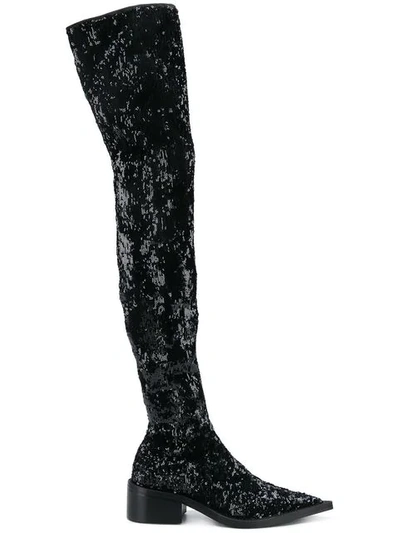 Mm6 Maison Margiela Sequin Over The Knee Boots In Black + Silver
