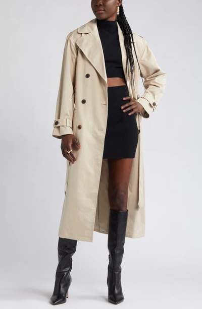 Open Edit Belted Trench Coat In Tan Oxford