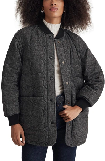 Madewell Quilted Oversize Wool Blend Bomber Jacket In Herringbone True Black