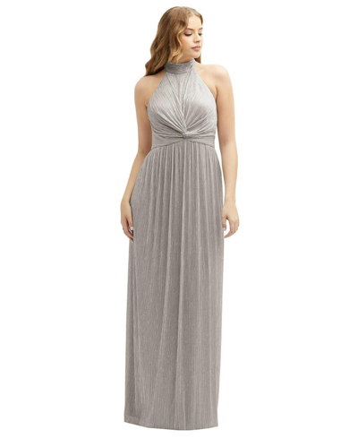 After Six Womens Band Collar Halter Open-back Metallic Pleated Maxi Dress In Metallic Taupe