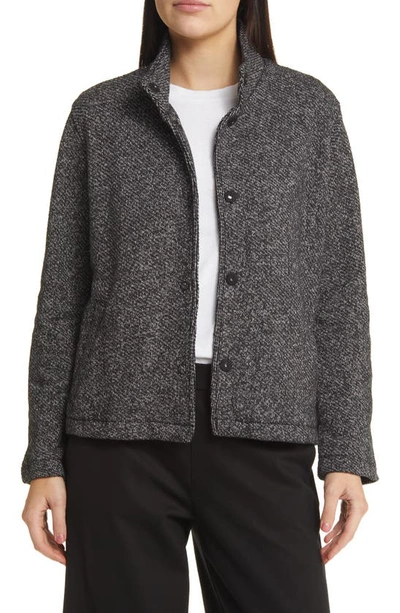 Eileen Fisher Stand Collar Organic Cotton Tweed Jacket In Black/ Soft White
