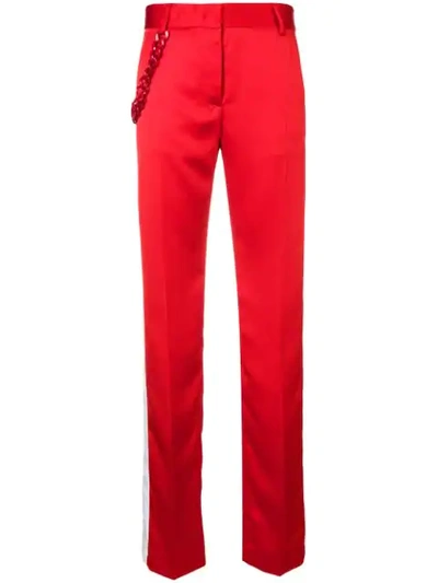 Msgm Satin Pants W/ Side Bands & Chain Detail In Red