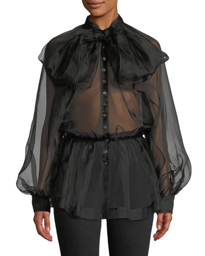 Anais Jourden Silk Organza Tie-neck Button-front Blouse In Black