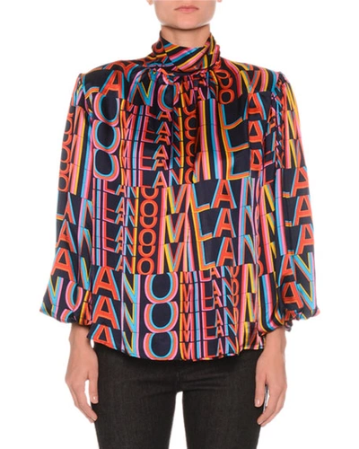 Msgm Printed Satin Boxy High-neck Blouse With Removable Shoulder Pads