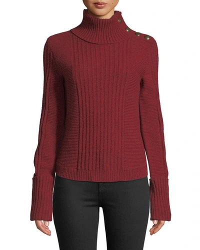 Veronica Beard Lucille Ribbed Wool Button-shoulder Turtleneck Sweater In Red