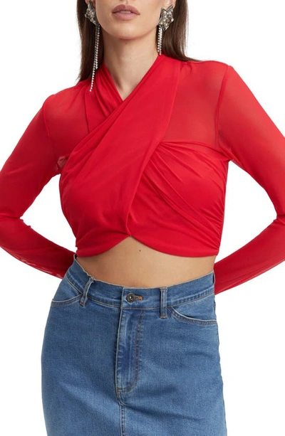 Bardot Aliyah Long Sleeve Crop Top In Red