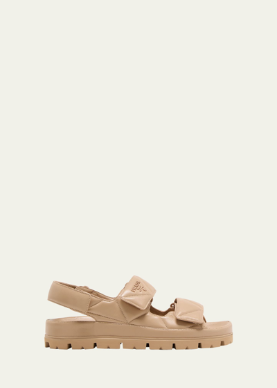 Prada Womens Neutral Logo-embossed Quilted-leather Sandals