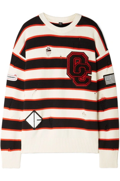 Opening Ceremony Varsity Appliquéd Distressed Striped Cotton-blend Sweater In White