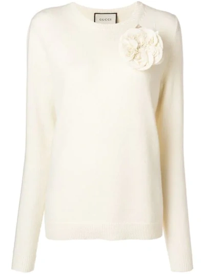 Gucci Flower Appliqué Cashmere Sweater In Neutrals