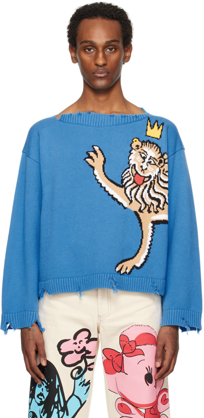 Charles Jeffrey Loverboy Graphic Slash Lion Print Sweater In Blue Silly Lion
