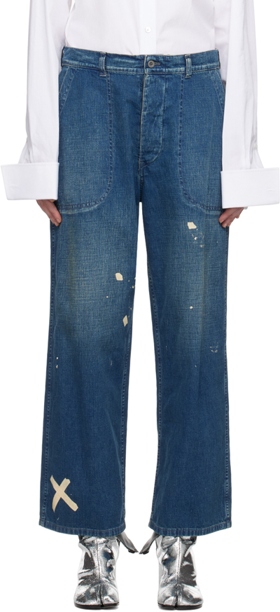 Maison Margiela Mid Rise Painted Denim Wide Jeans In Blue