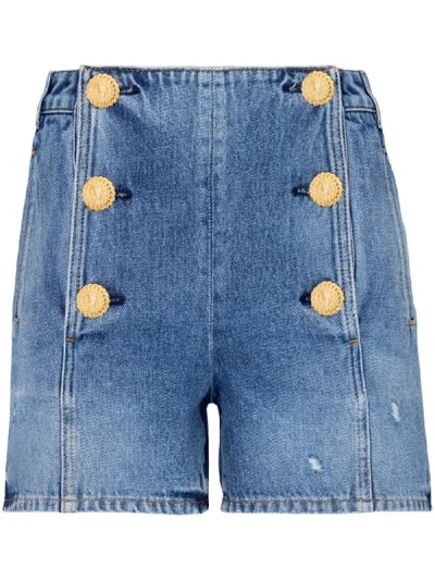 Balmain 6-button High Waist Denim Shorts In Blue