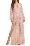 Wishlist Floral Embroidered Long Sleeve Maxi Dress In Mauve