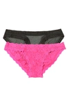 Hanky Panky Lace Brazilian Bikini Panties In Heather Granite/ Fiesta Pink